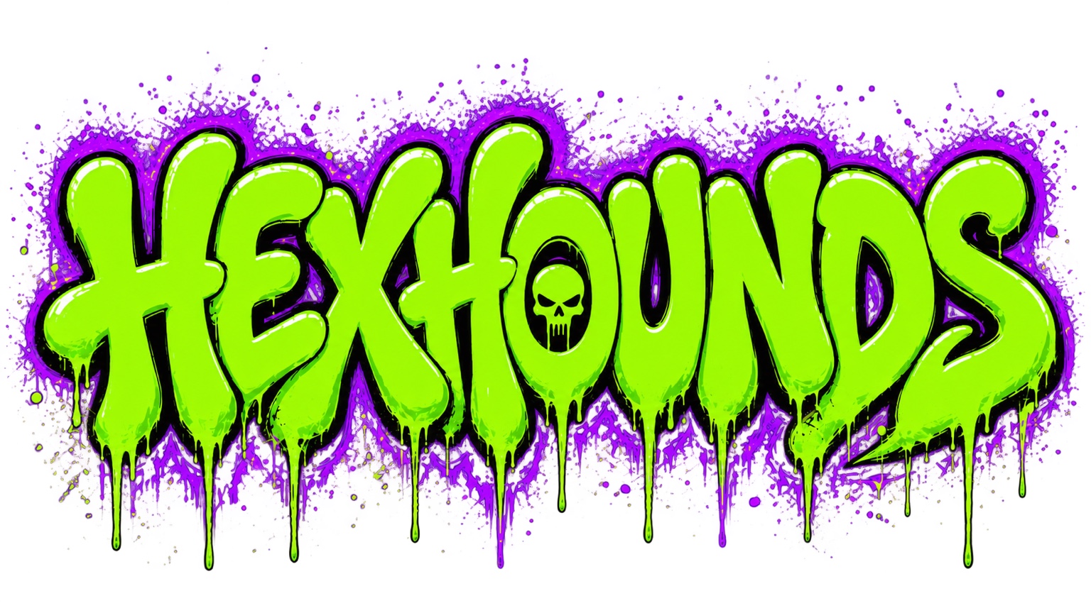 HEXHOUNDS in neon green and purple graffiti